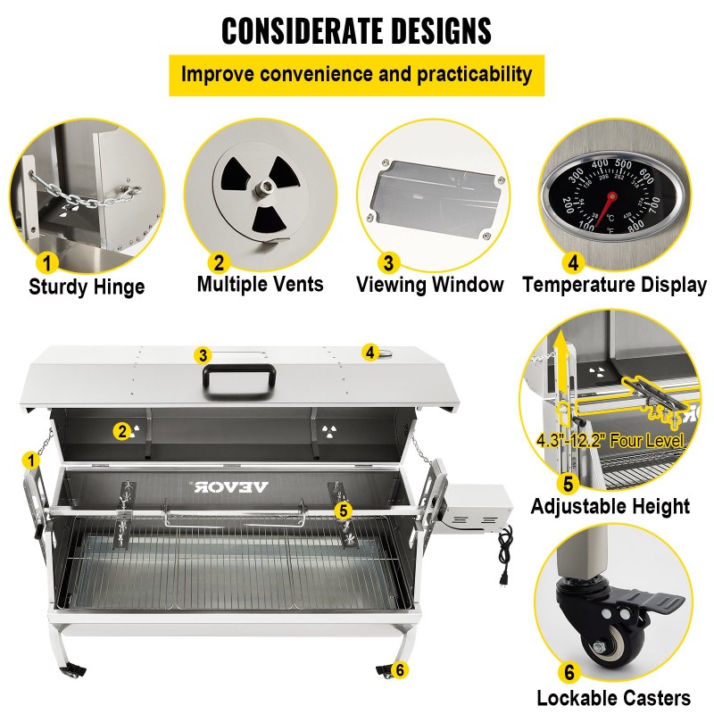 Grillivarras ruostumaton teräs 60 kilogramman kapasiteetti 40 watin moottori säädettävä korkeus