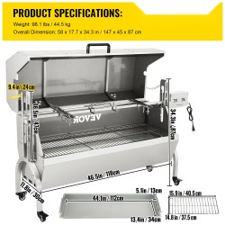 Grillivarras ruostumaton teräs 60 kilogramman kapasiteetti 40 watin moottori säädettävä korkeus