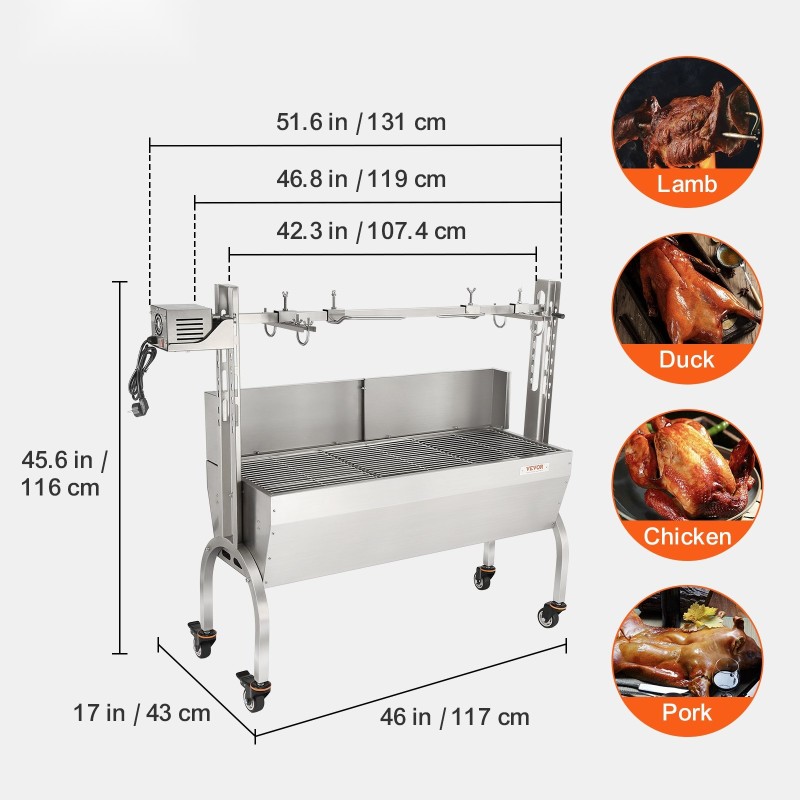 Sähköinen vartaanpyöritin ruostumattomasta teräksestä 117 cm 60 kg porsaan ja lampaan paistoon