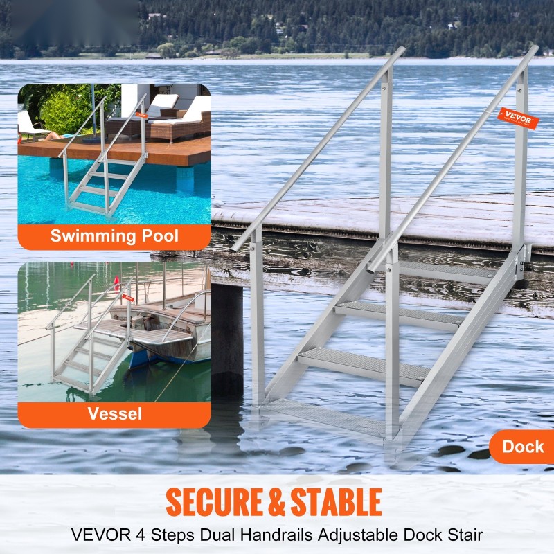 Alumiininen 4-portainen laituritikas säädettävä 30–38 tuumaa 500 paunaa kantavuus kaksinkertaiset kaiteet liukuestepolkimet