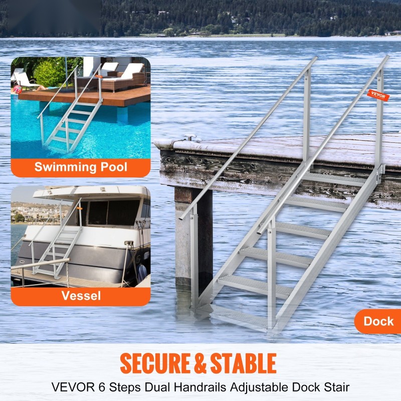 Alumiininen laituri- ja venetikas säädettävä 109,2–129,5 cm 6 askelmaa kaksinkertaiset käsijohteet