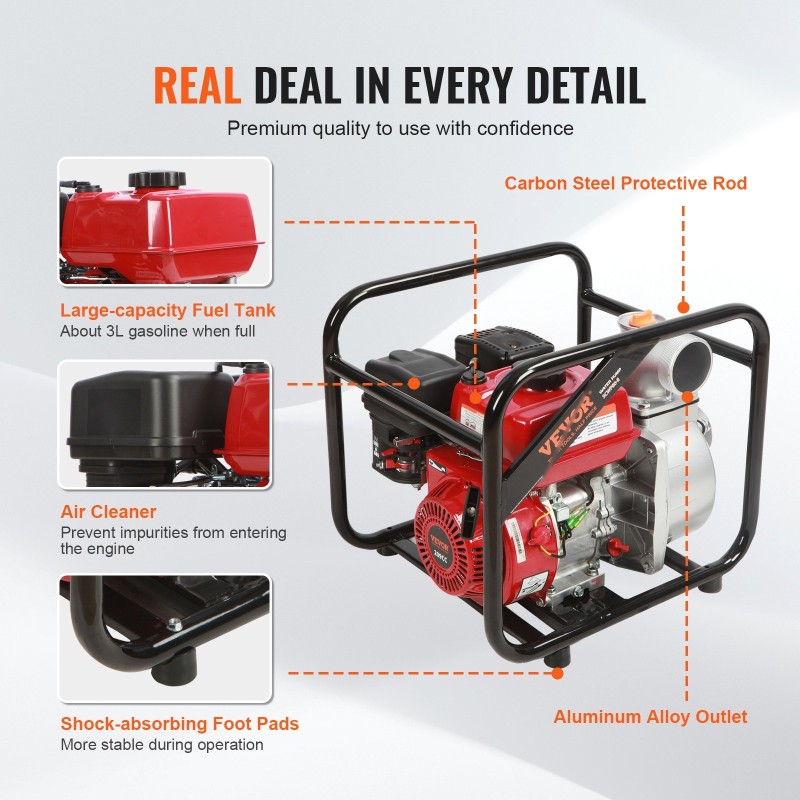 Vesipumppu bensiinikäyttöinen nelitahti 5,2 kW 80 mm 1003,5 l/min 43,3 m