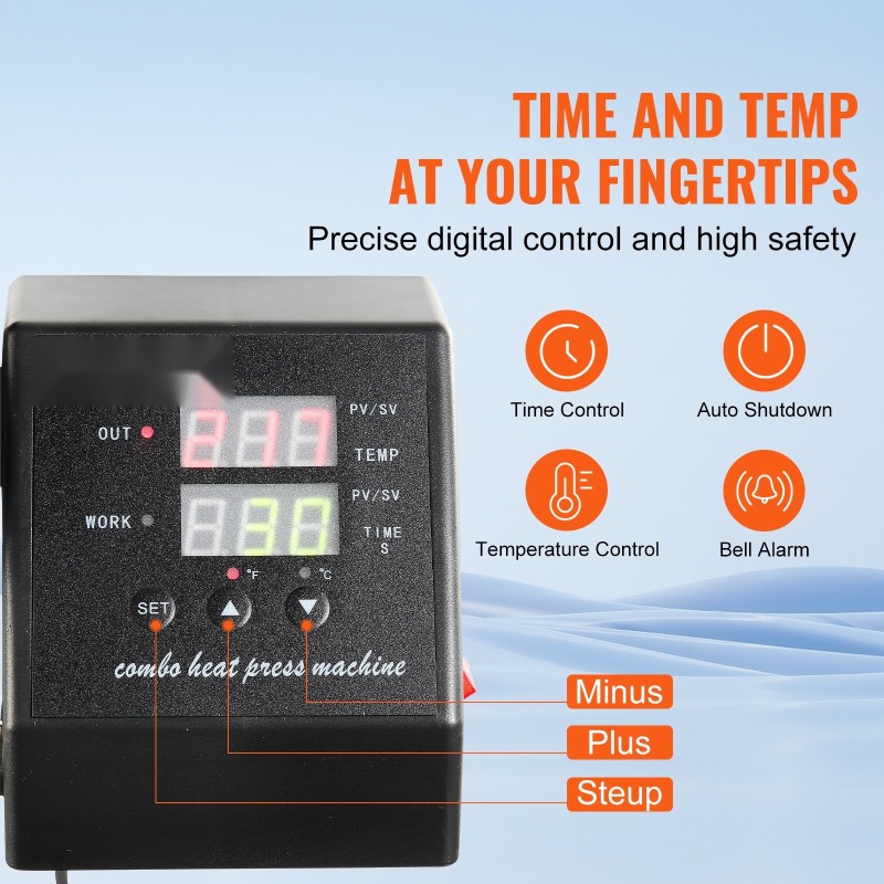 Lämpöprässi 8-osainen teflon-pinnoitettu tasoprässi 30 x 38 cm T-paidoille mukeille hattuille lautasille