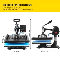 Lämpöprässi teflonpinnoitettu 30 x 38 cm 10-in-1 1000 W 360 asteen kääntyvä