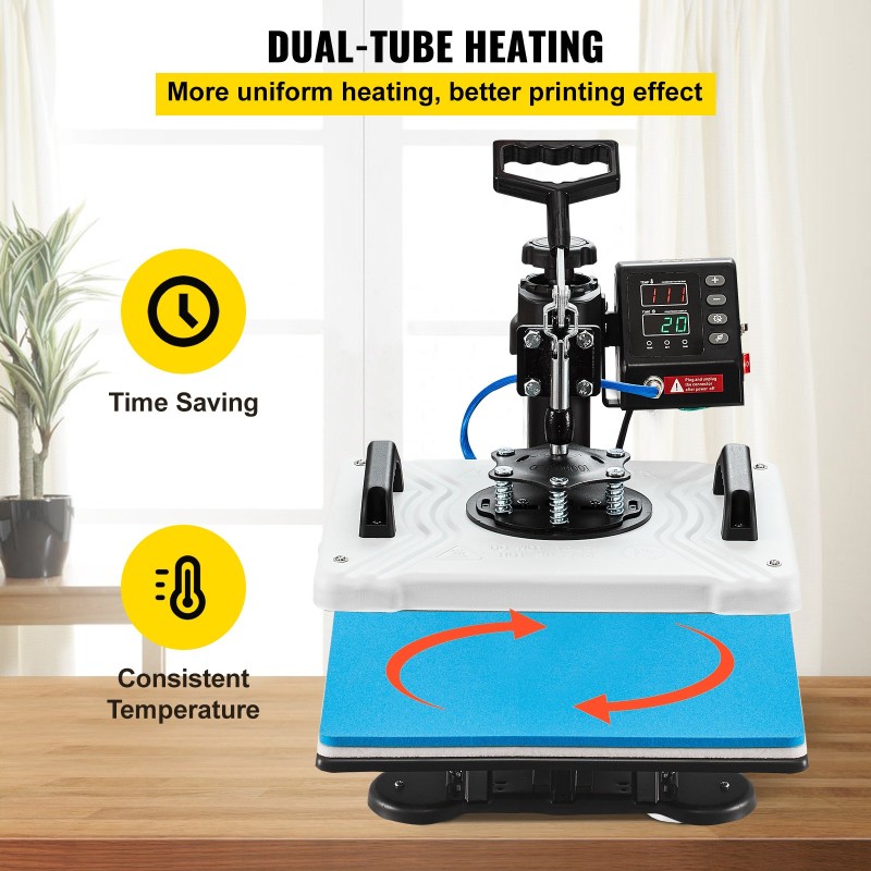 Monitoimilämpöpuristin 30 x 38 cm teflonpinnoitettu 10 vaihtopäätä 1000W 360° kääntyvä