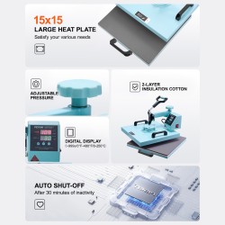 Lämpöprässi peltilevy alumiiniseos 380 x 380 mm 8-osainen lisäosilla T-paitoihin mukeille lippiksiin