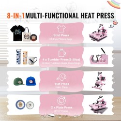 Lämpöprässi 38 x 38 cm 8-osainen monitoimi pinkki mukiprässilisäosalla