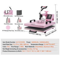 Lämpöprässi 38 x 38 cm 8-osainen monitoimi pinkki mukiprässilisäosalla