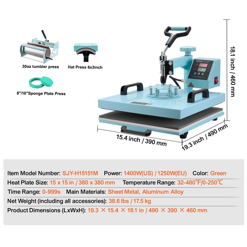 Lämpöprässi 15x15 tuumaa monitoiminen digitaalinen ohjaus 360 astetta kääntyvä varsi