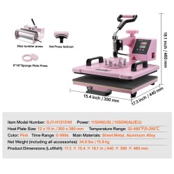Lämpöpuristin 5-osainen 300x380 mm vaaleanpunainen tekstiileille ja mukeille