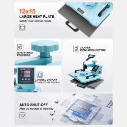 Lämpöprässi teräs alumiini 300 x 380 mm 8-osainen vaatteille ja mukeille vihreä