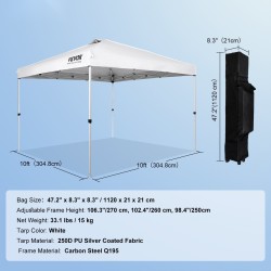 Pikapystytettävä juhlateltta 250D PU-kate hiiliteräsrunko 304,8 x 304,8 cm valkoinen kuljetuslaukku