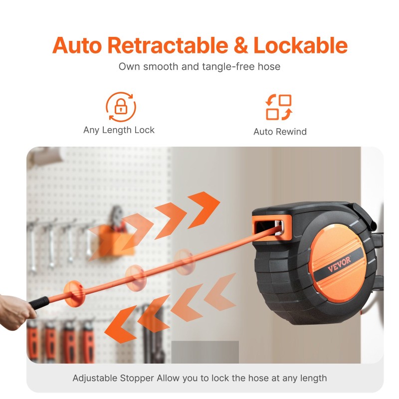 Sisäänkelautuva paineilmaletkukela 3/8-tuuma 15,24 m hybridi-polymeeriletku 300 PSI polypropeenikotelo