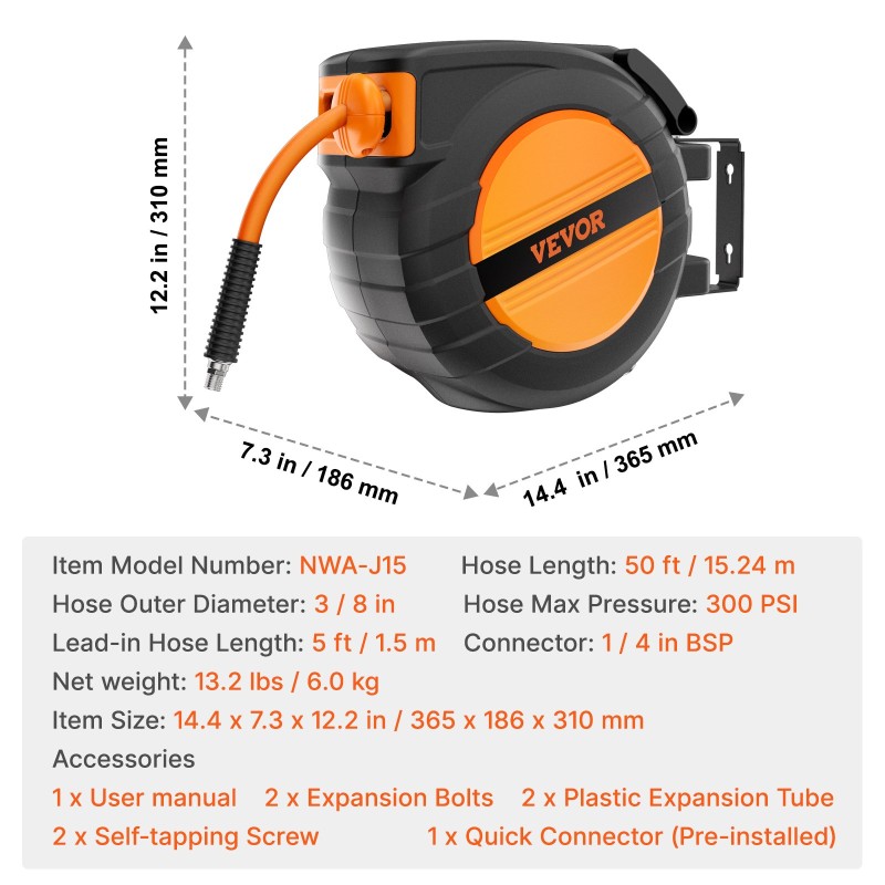 Sisäänkelautuva paineilmaletkukela 3/8-tuuma 15,24 m hybridi-polymeeriletku 300 PSI polypropeenikotelo