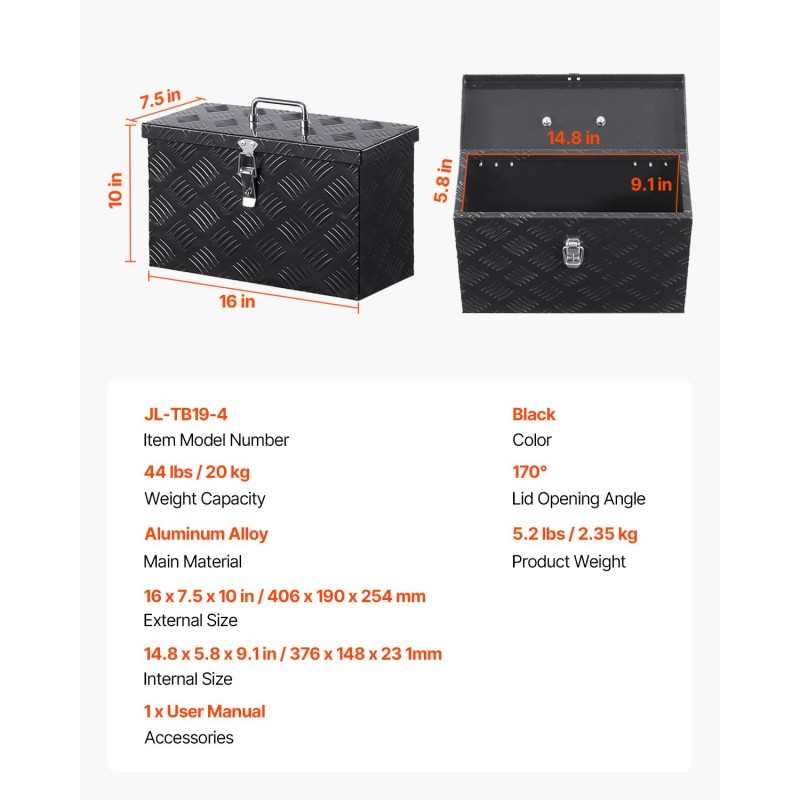 Alumiininen työkalulaatikko 406 x 190 x 254 mm musta sivukahvalla ja yläkahvalla