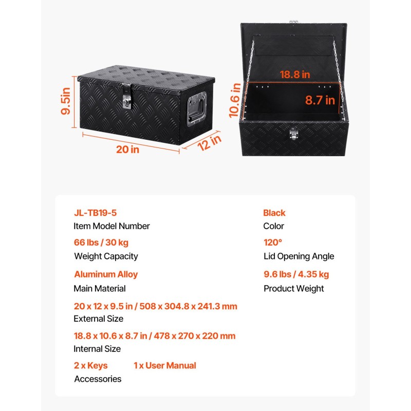 Alumiininen työkalulaatikko ajoneuvon lavalle 508x305x241 mm musta lukolla ja sivukahvalla