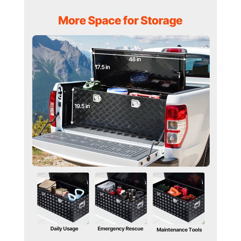 Alumiininen raidallinen työkalulaatikko lava-autoon 1219×495×445 mm lukolla sivukahvalla musta