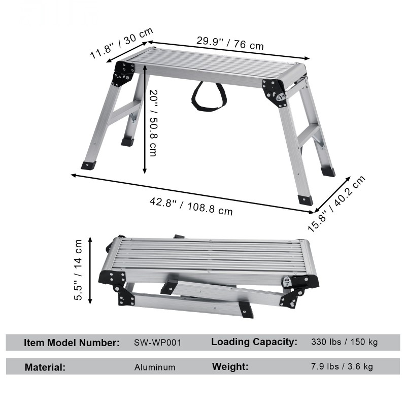 Taitettava alumiininen työalusta 150 kg kantavuus 50,8 cm korkeus luistamaton pinta