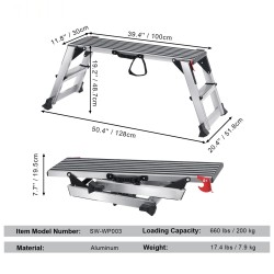 Taitettava alumiininen työalusta kantavuus 200 kg korkeus 48,7 cm liukuestejalat