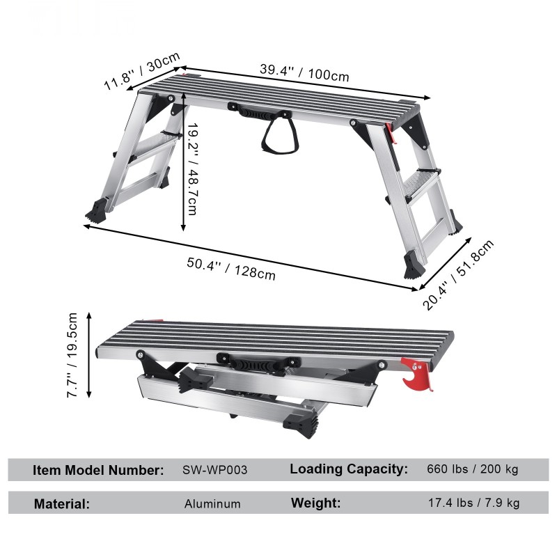 Taitettava alumiininen työalusta kantavuus 200 kg korkeus 48,7 cm liukuestejalat