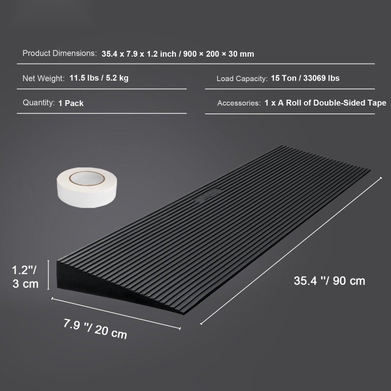 Leikattava täyskuminen kynnysluiska yhdeksänkymmentä senttimetriä pitkä kolme senttimetriä korkea luistamaton