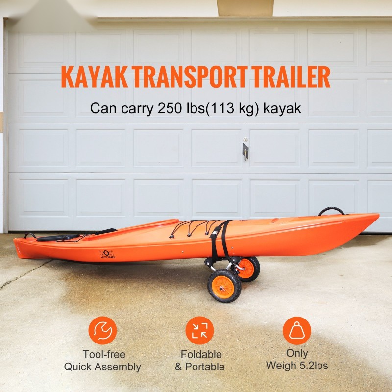 Kajakki- ja kanootinkuljetuskärry alumiinirunko 113,4 kg kantavuus 25,4 cm täyskumirenkaat taitettava