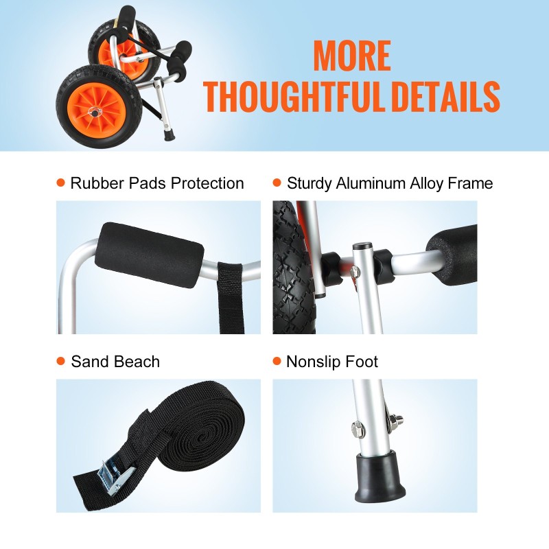 Kajakki- ja kanootinkuljetuskärry alumiinirunko 113,4 kg kantavuus 25,4 cm täyskumirenkaat taitettava