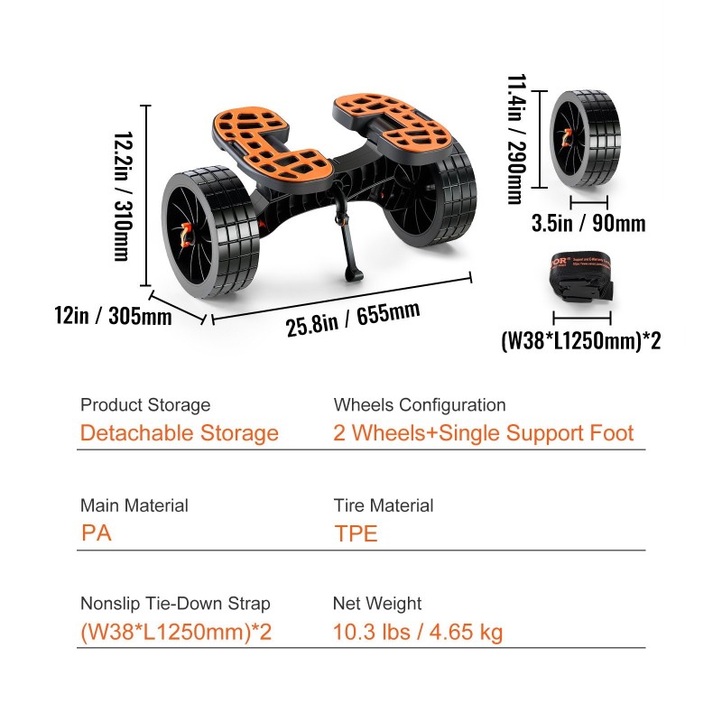 Kajakkikärry alumiiniseosrunko 320 paunan kantavuus 10 tuuman täyskumirenkailla säädettävillä kiinnitystelineillä irrotettava