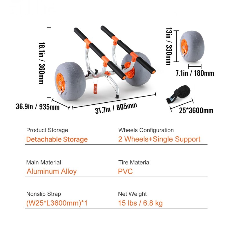 Kajakkikärry alumiinirunko 158,8 kg 30,5 cm renkaat taittuva säädettävä leveys liukumaton tukijalka