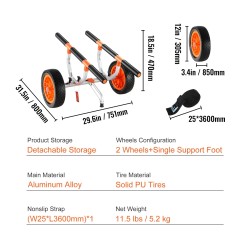 Kajakkikärry alumiiniseosrunko 204,1 kg kantavuus 30,5 cm kiinteät renkaat säädettävä leveys