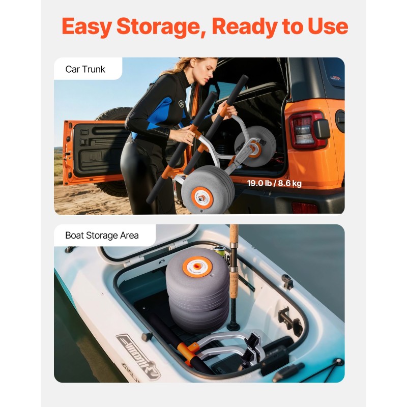 Kajakkikärry alumiiniseosrunko 158,8 kg kantavuus 30,5 cm puhallettavat polyuretaanirenkaat kaksi sidontaliinaa