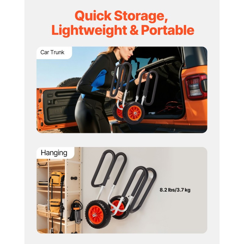 Kajakkikärry alumiiniseosrunko 68 kg kantavuus täyskumirenkaat 25 cm räikkäkiristyshihna SUP-laudoille ja surffilaudoille