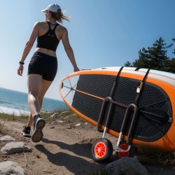 Kajakkikärry alumiiniseosrunko 68 kg kantavuus täyskumirenkaat 25 cm räikkäkiristyshihna SUP-laudoille ja surffilaudoille