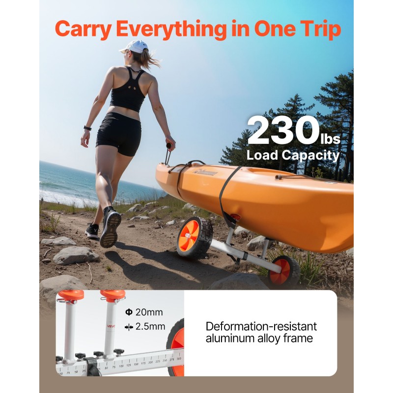 Kajakki kanootti SUP-lauta kärry alumiiniseosrunko 104 kg kantavuus umpinaiset 25,4 cm renkaat