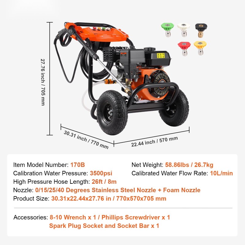 Korkeapainepesuri polttomoottorilla 3500 PSI 10 L/min 8 m letku 5 suutinta