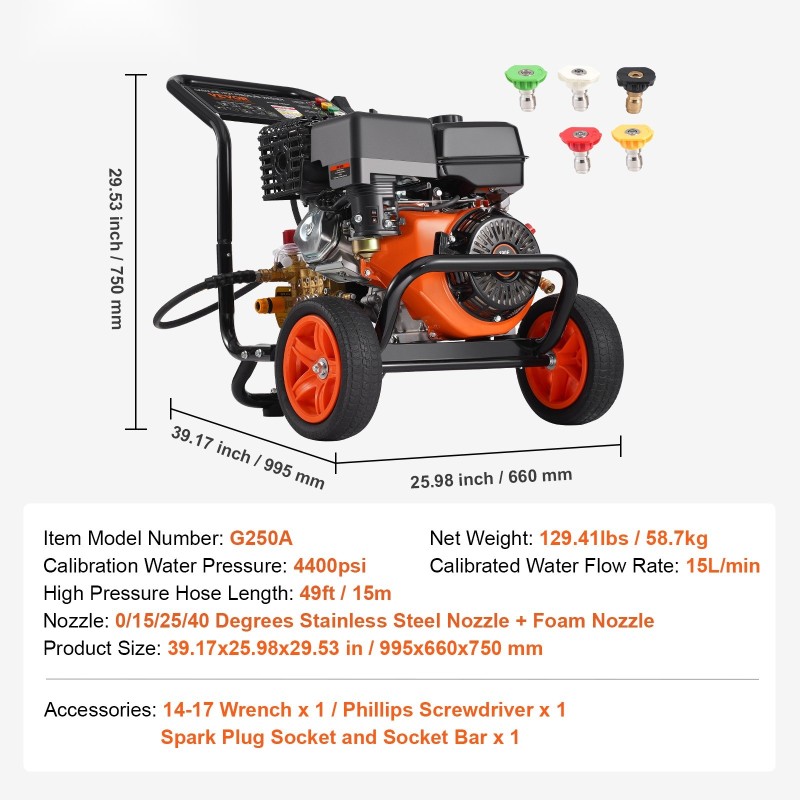 Bensiinikäyttöinen painepesuri 4400 PSI 15 L/min kuparipumpulla 5 suutinta