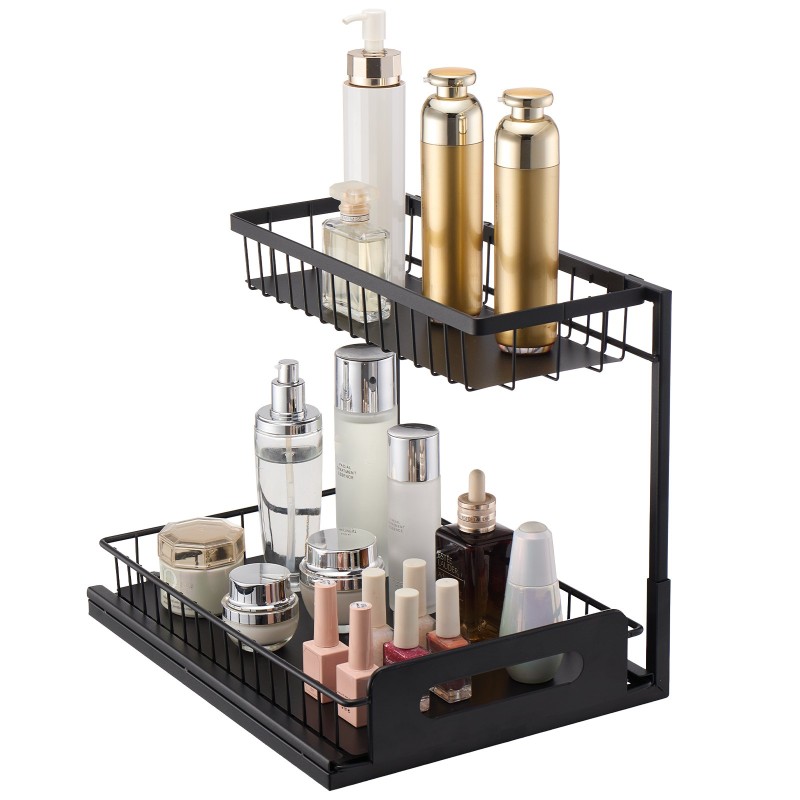 Kaksitasoinen ulosvedettävä teräksinen kaapinjärjestäjä 270×360×280 mm mattapintainen