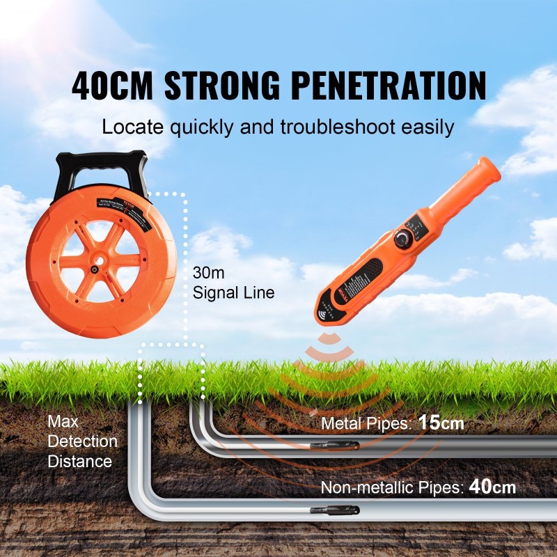 Putkitukosten paikannin 30 metrin kaapelilla ABS-muovinen IP67 vesitiivis muovi- ja metalliputkille