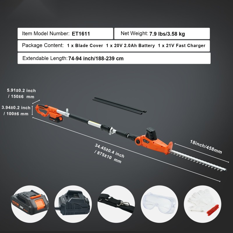 Pensasleikkuri akkukäyttöinen teleskooppivartinen 188–239 cm 18 tuuman terä