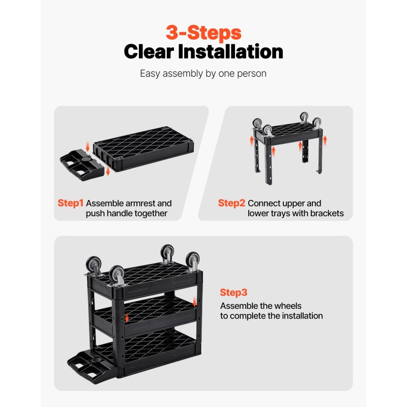 3-tasoinen polypropeeninen apukärry 550 paunan kantavuus 5-tuumaiset kääntyvät pyörät joista kaksi jarrullista