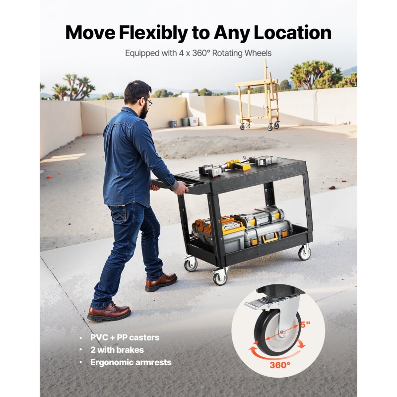 Muovinen kaksitasoinen huoltokärry 940x645 mm hyllyillä 250 kg siivous- ja varastokäyttöön