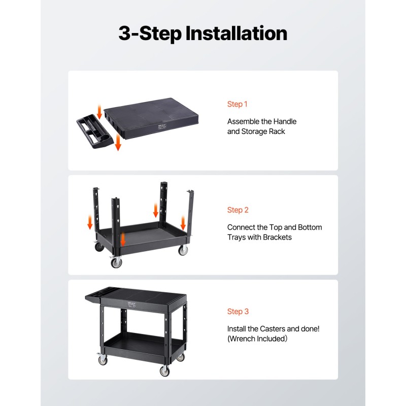 Muovinen kaksitasoinen huoltokärry 940x645 mm hyllyillä 250 kg siivous- ja varastokäyttöön