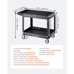 Muovinen kaksitasoinen huoltokärry 940x645 mm hyllyillä 250 kg siivous- ja varastokäyttöön