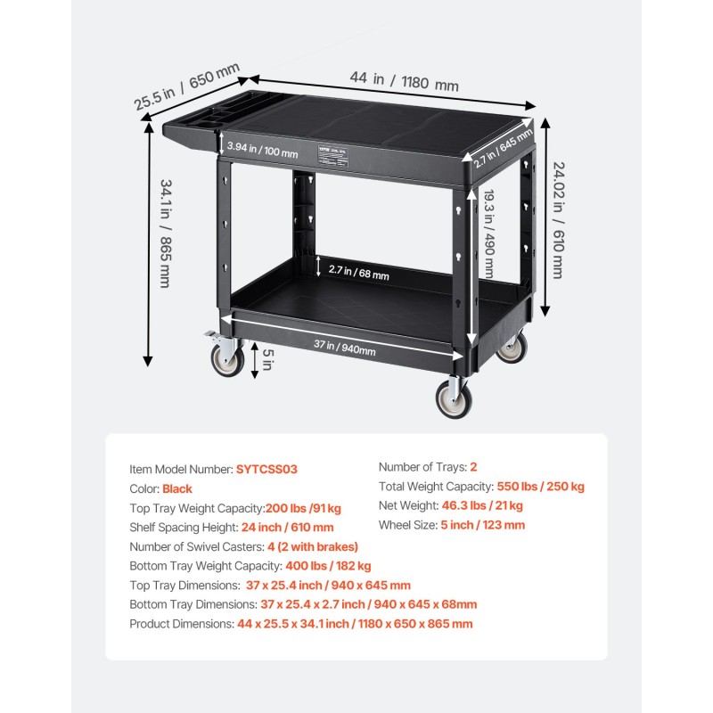 Muovinen kaksitasoinen huoltokärry 940x645 mm hyllyillä 250 kg siivous- ja varastokäyttöön