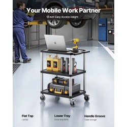 Kolmitasoinen muovinen huoltovaunu 3 hyllyä 136 kg kantavuus