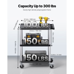 Kolmitasoinen muovinen huoltovaunu 3 hyllyä 136 kg kantavuus