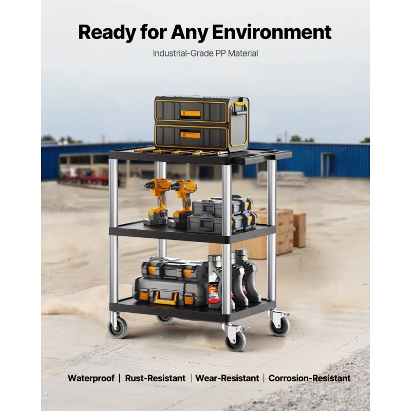 Kolmitasoinen muovinen huoltovaunu 3 hyllyä 136 kg kantavuus