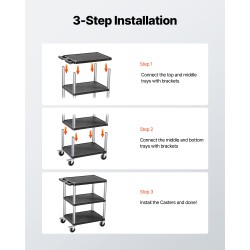 Kolmitasoinen muovinen huoltovaunu 3 hyllyä 136 kg kantavuus