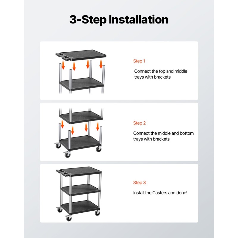 Kolmitasoinen muovinen huoltovaunu 3 hyllyä 136 kg kantavuus