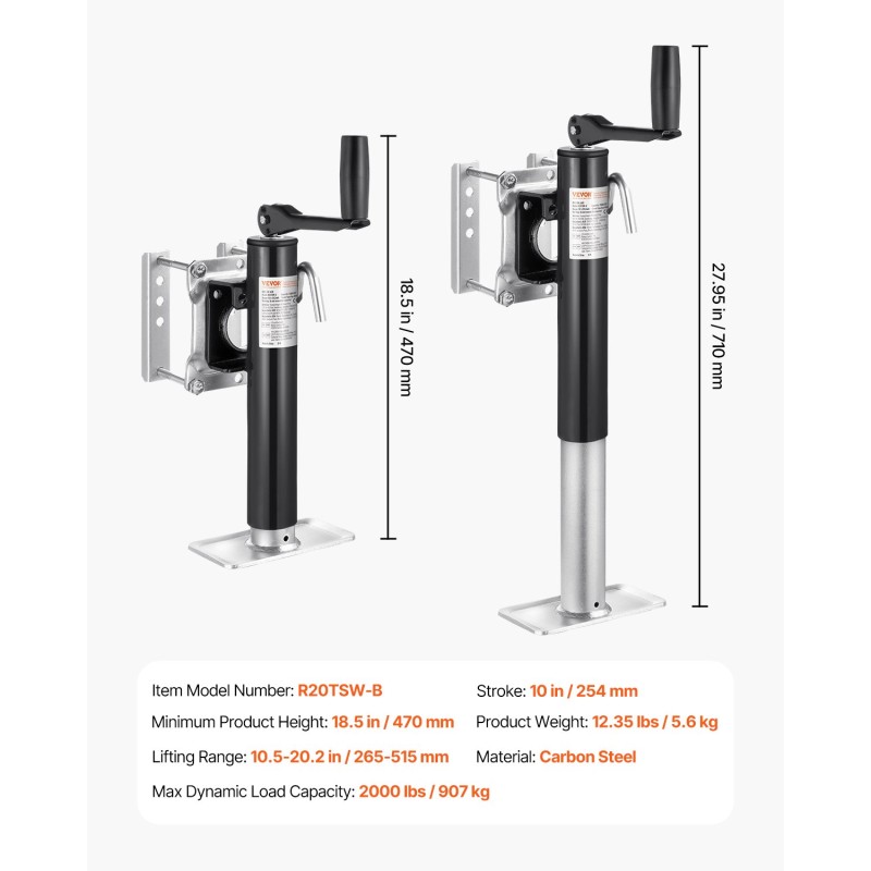 Pultattava kääntyvä perävaunun tunkki hiiliteräksinen 907 kg nostokorkeus 265–515 mm